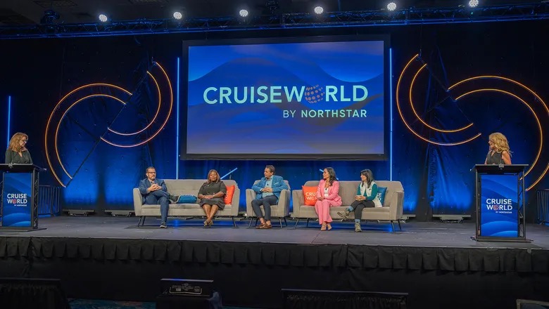 Angela Hughes moderating the Luxury Travel panel at Cruiseworld 2025