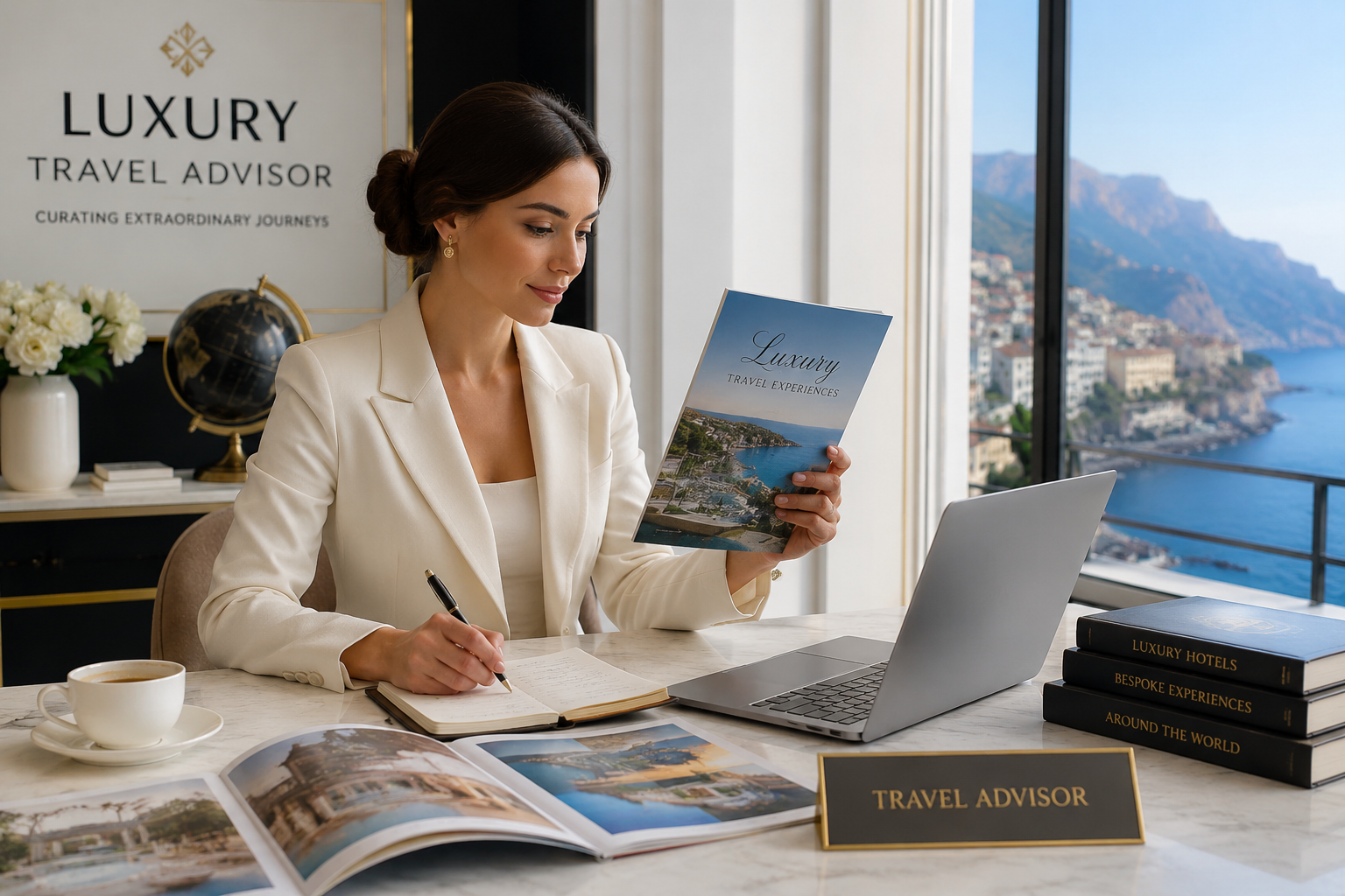 Travel advisor reviewing a luxury travel brochure and taking notes at a desk with a coastal view