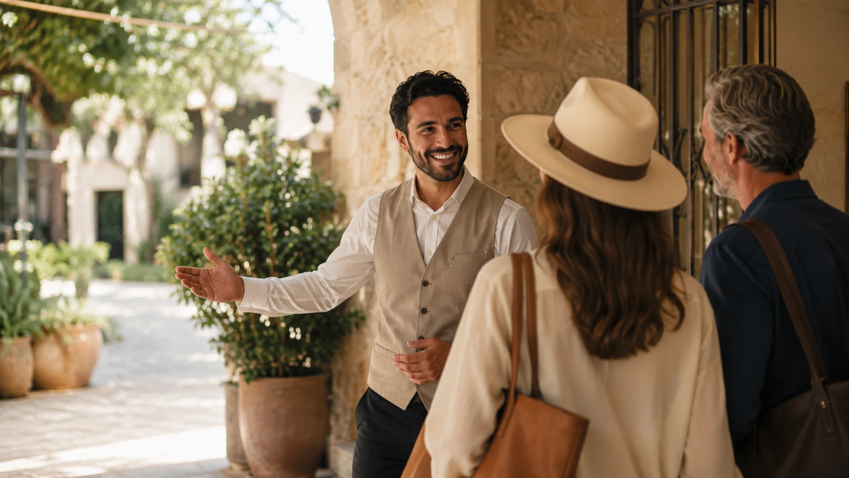 Luxury travel concierge warmly welcoming guests at a boutique resort, showcasing personalized service, exceptional hospitality, and a premium travel experience.