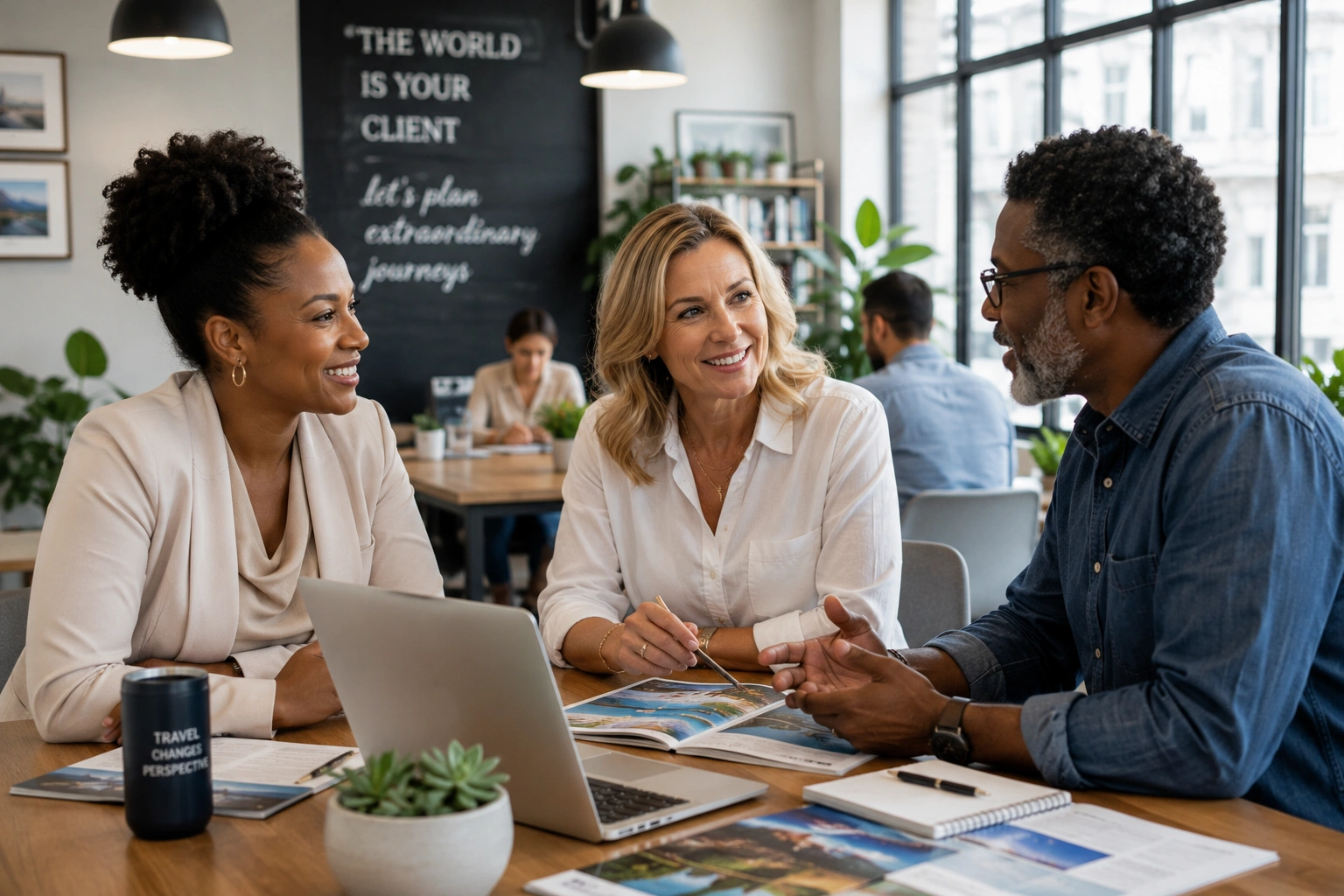 A small group of travel advisors collaborating together during a luxury travel education session
