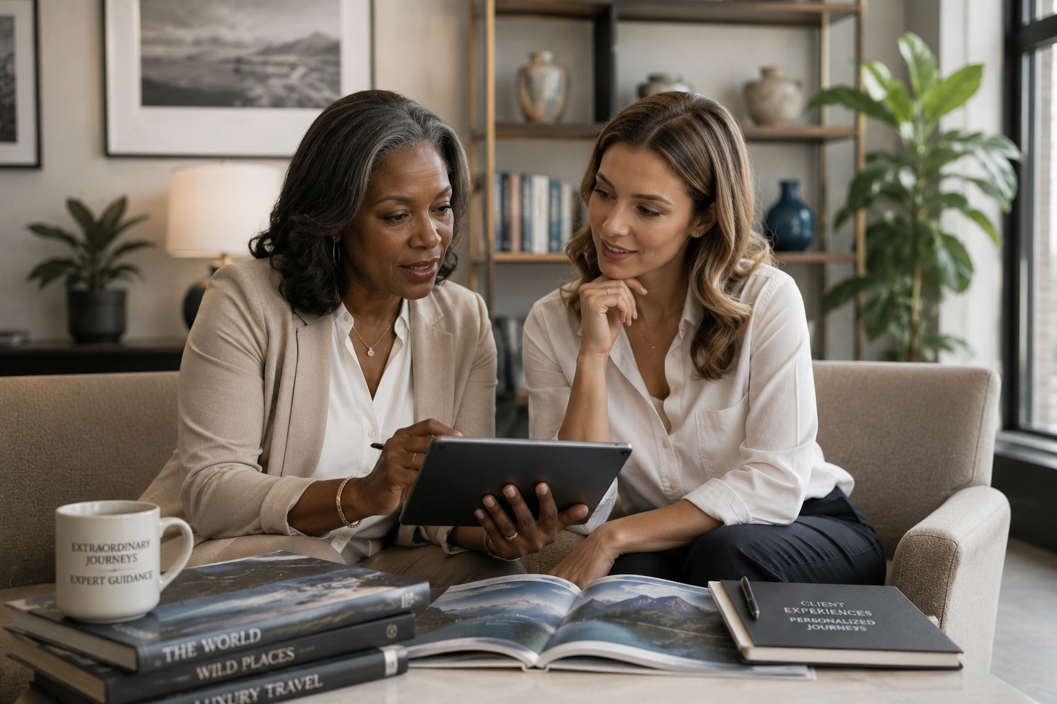 A mentor and mentee reviewing a travel portfolio together during a mentorship session