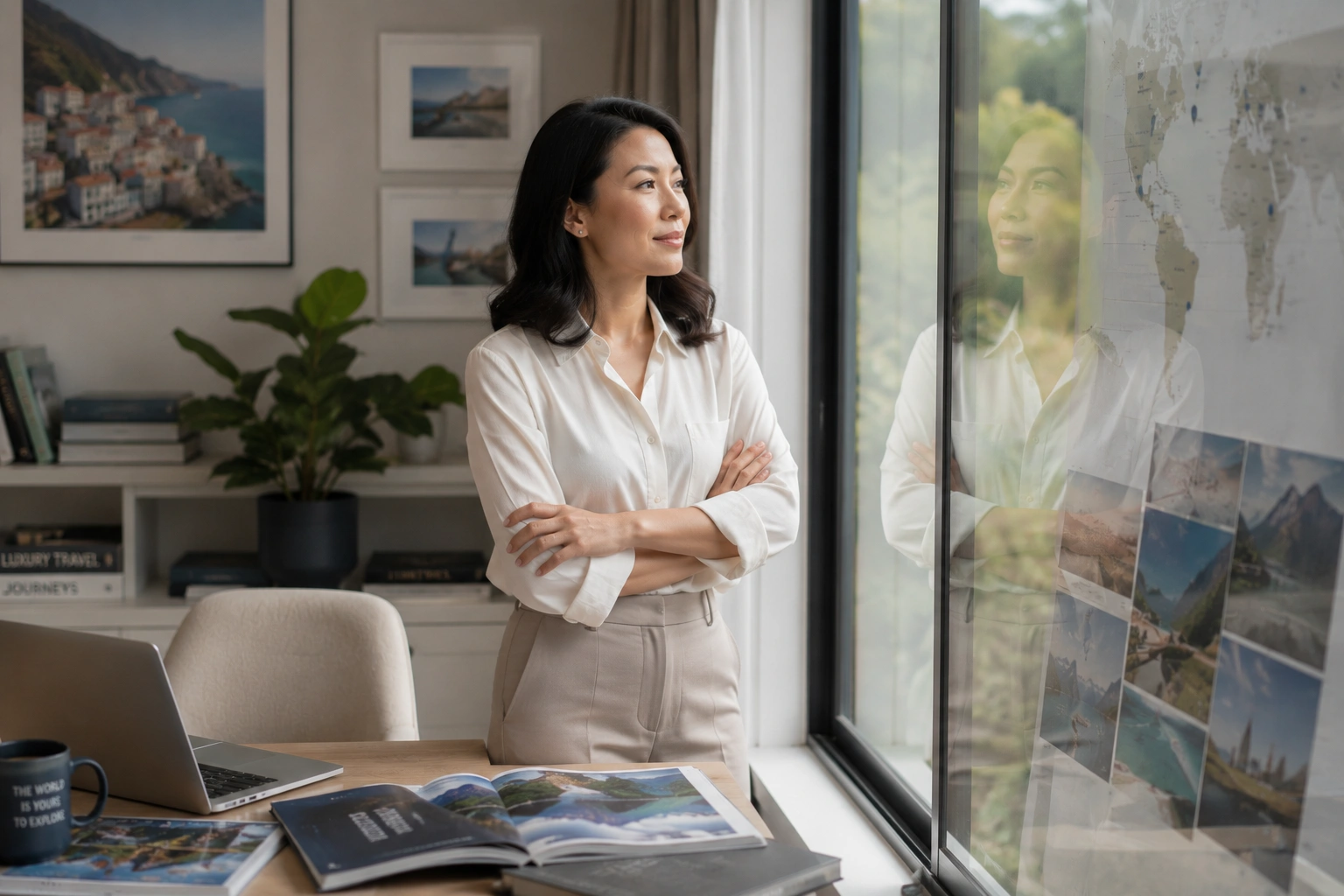 A confident travel advisor reflecting thoughtfully in a bright home office setting