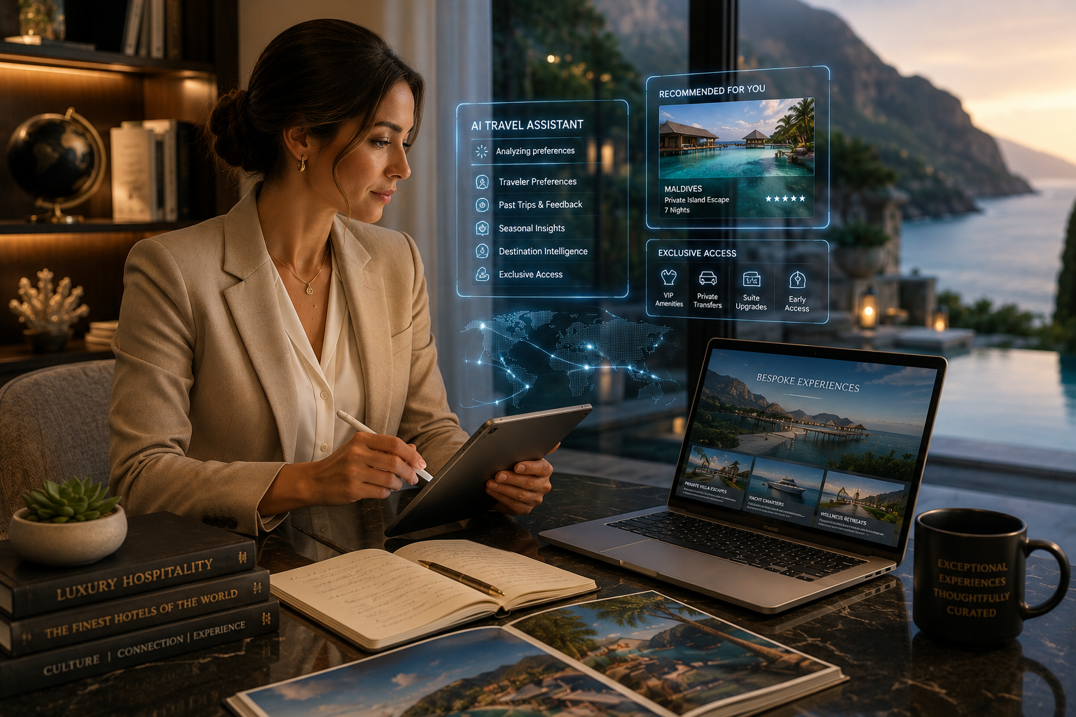 Luxury travel advisor using modern technology and AI tools to enhance personalized travel planning and client service.