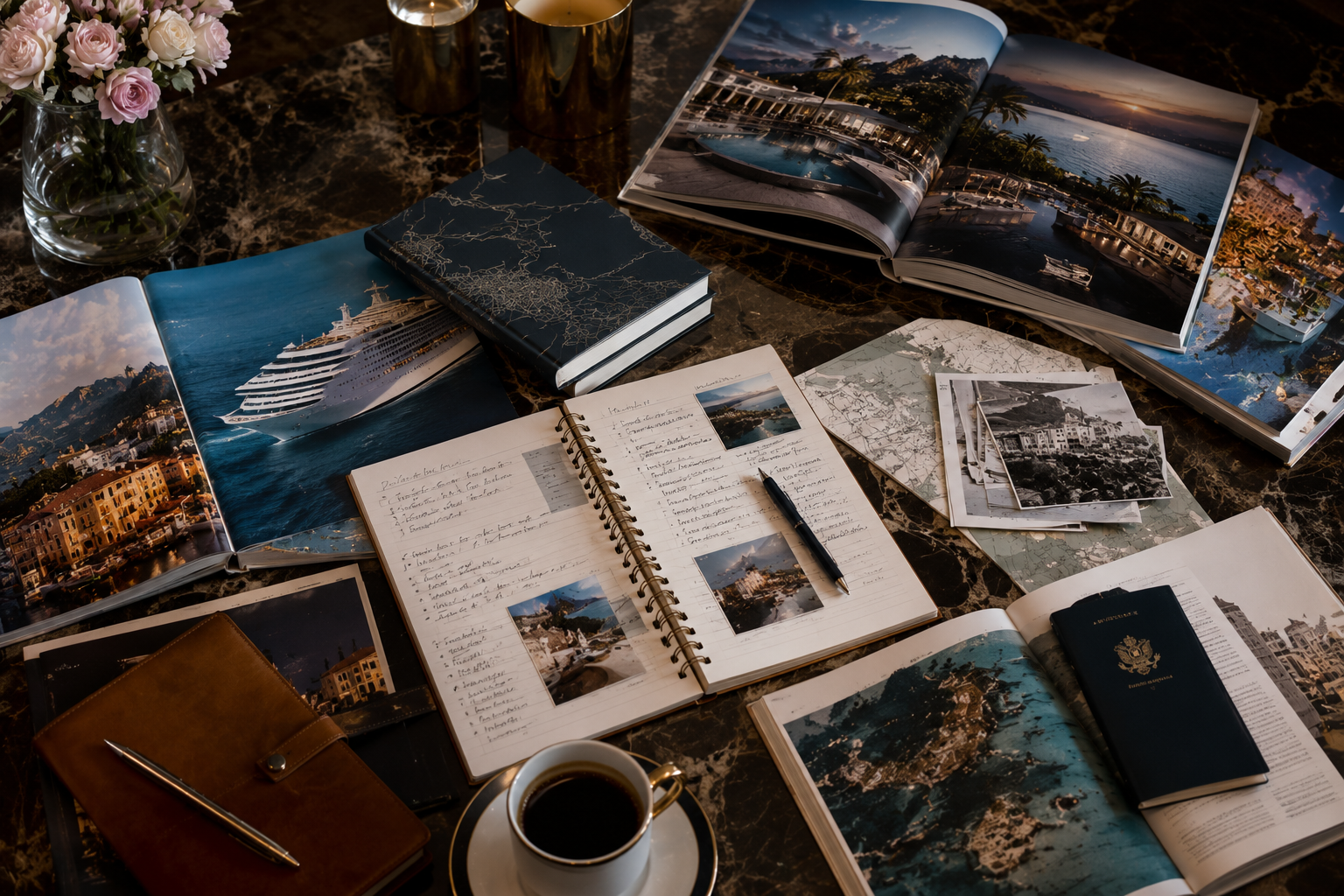 Luxury travel planning workspace with destination guides, itinerary notes, premium travel resources, and personalized trip planning materials.
