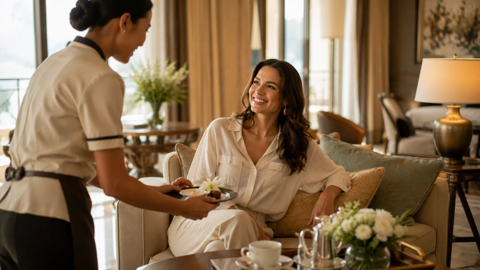 Traveler smiling warmly during a personalized hospitality interaction, representing genuine guest satisfaction and emotional connection.